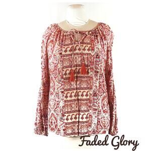 FADED GLORY Soft Coral Pink Loose Peasant Top Size M Hippie Retro Boho Cottage